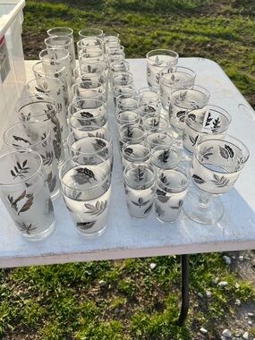 1960s vintage Libbey Silver Leaf 39 piece glass set